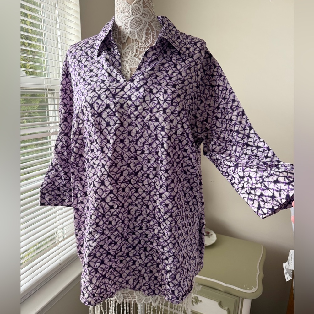 EUC Talbots Purple White Tie Dye Collared Blouse Size 18 Work Travel Hippie Boho